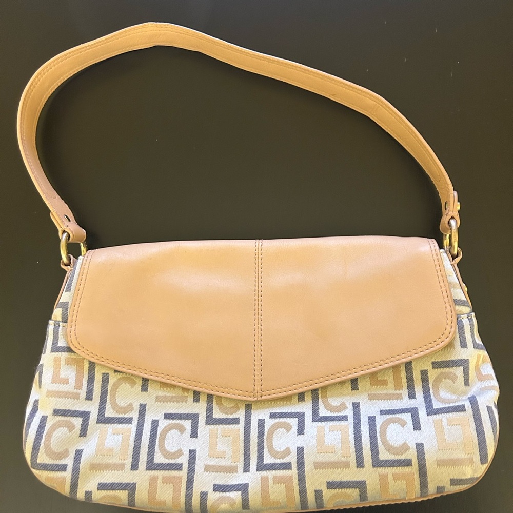 Liz Claiborne Tan Leather-Trim Logo Canvas Shoulder Bag